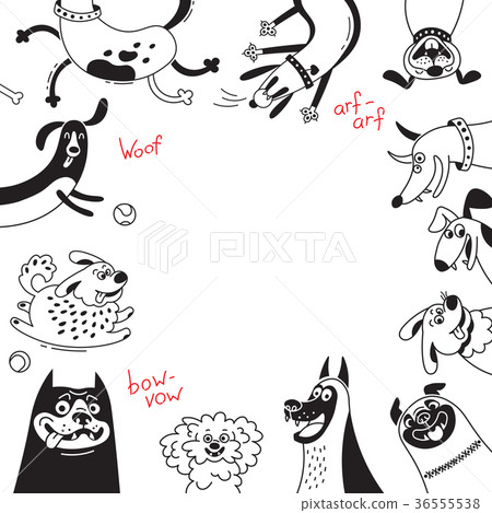 Card with joyful dogs and happy puppies. Vector Card with joyful dogs and happy puppies. Vector 36555538