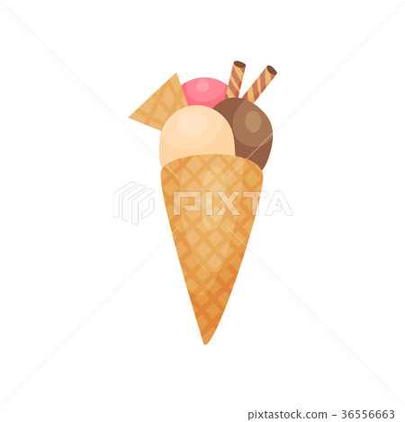 Mixed ice cream scoops in waffle cone, summer time 36556663
