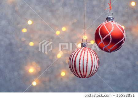 Image of Christmas red balls with pattern on gray 36558851