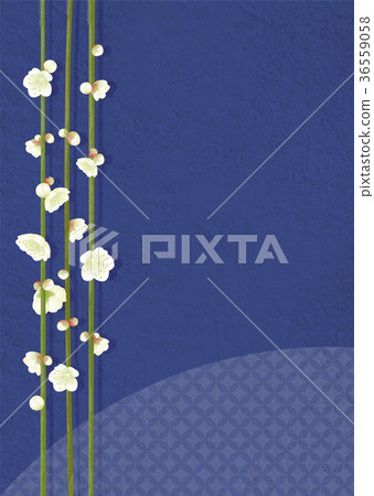 Japanese-style background with white plum blossoms and Japanese patterns, navy blue 36559058