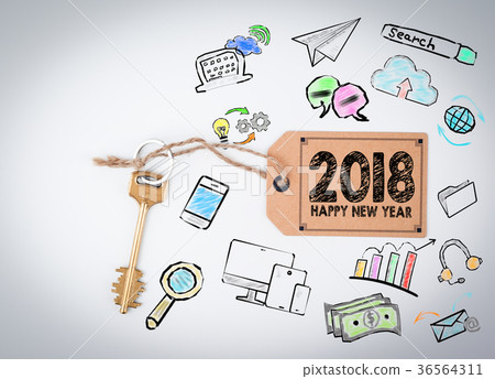 2018 Happy new year. Key and a note on a white background  36564311