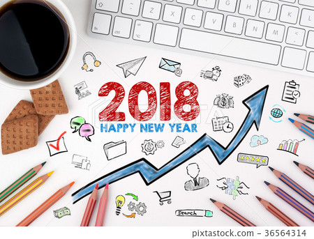 2018 Happy new year, Business Concept. Computer keyboard and cup of coffee on a white table 36564314