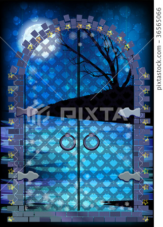 gates are a blue iron grating with a lunar 36565066