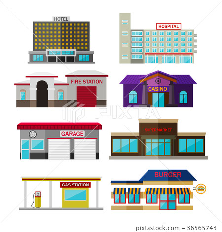 Different shops, buildings and stores flat icon - Stock Illustration ...
