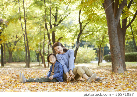 母親，兒子，公園，秋天 36571087