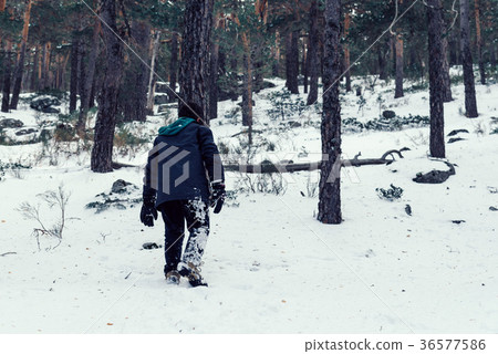 Young boy having fun with snow in the mountain 36577586