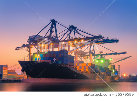 Shipping yard and loading terminal at sunrise Shipping yard and loading terminal at sunrise 36579599