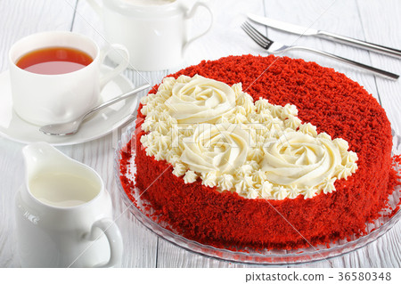 red velvet cake and cup of tea 36580348