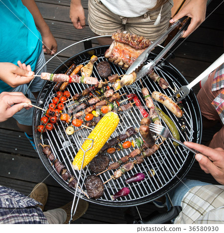 Top view of friend hands serving food, barbecue 36580930