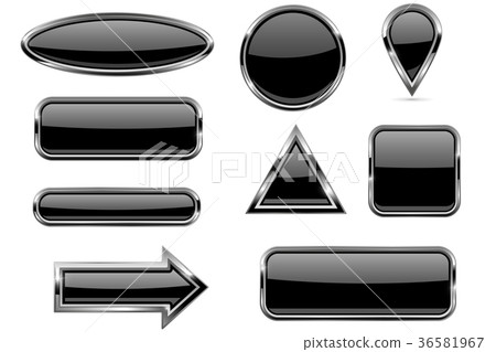 Black buttons set. Glass icons with metal frame Black buttons set. Glass icons with metal frame 36581967