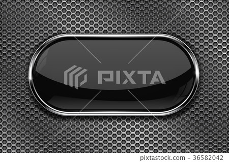 Black glass button with metal frame on metal 36582042