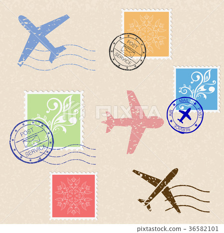 Postal elements. Collection of stamps and plane 36582101