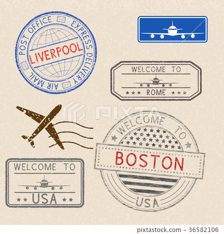 Postmarks and tourist stamps on beige background 36582106