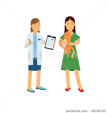 Brunette woman at the veterinary doctor with her 36586350