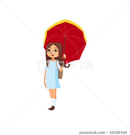 Sweet girl under red umbrella, rainy weather 36586394