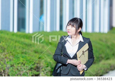 在衣服的成年女性OL辦公室夫人西裝畫像在衣服的綠色背景 36586423