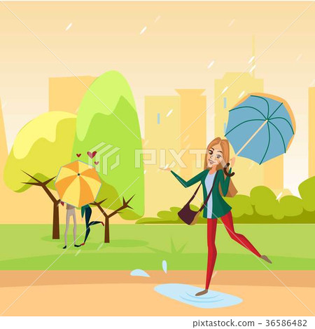 Smiling beautiful woman walking in the park under 36586482