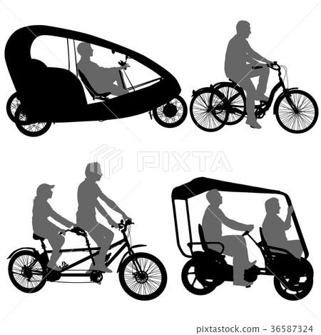 Set silhouette of two athletes on tandem bicycle 36587324
