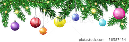 Green Christmas Tree Fir Branches Decorated With 36587434