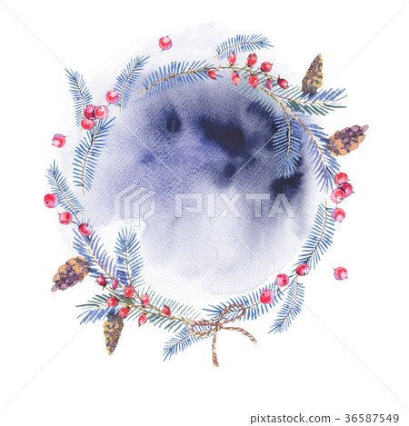 Watercolor wreath with cones, spruce branches - Stock Illustration ...