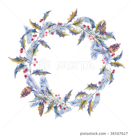 Watercolor Christmas wreath with holly berries Watercolor Christmas wreath with holly berries 36587627