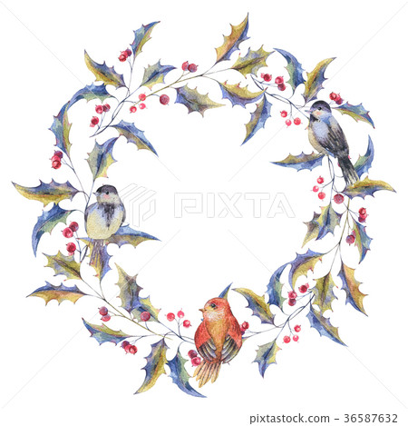 Watercolor Christmas wreath with holly berries Watercolor Christmas wreath with holly berries 36587632