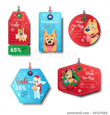 Set Of New Year Sale Tags Decorated With Dogs On Set Of New Year Sale Tags Decorated With Dogs On 36587669