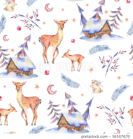 Watercolor vintage seamless pattern with cute deer 36587670