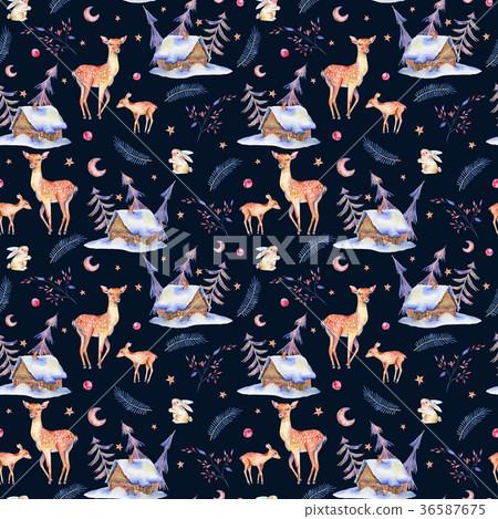 Watercolor vintage seamless pattern with cute deer - Stock Illustration ...