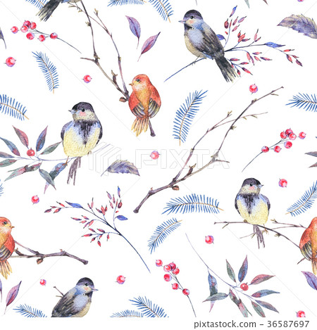 Watercolor seamless pattern with branches, birds Watercolor seamless pattern with branches, birds 36587697