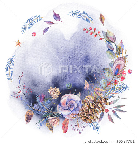 Watercolor winter natural wreath with roses 36587791