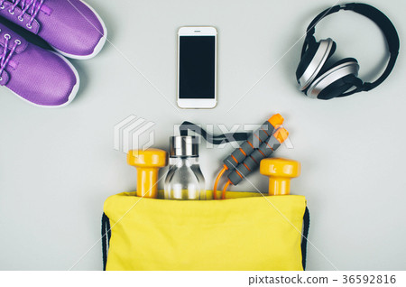 Creative flat lay of sport and fitness equipments. Creative flat lay of sport and fitness equipments. 36592816