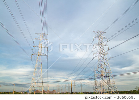 High voltage electricity pillars and blue sky 36600593