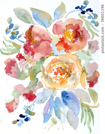 水彩毛茛屬橙紅顏色花藍色顏色葉子 36601196