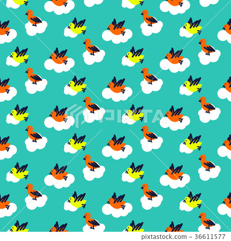 Birds on clouds turquoise blue pattern seamless 36611577