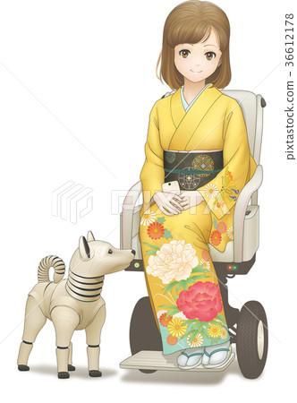 Girl and robot dog in wheelchair Girl and robot dog in wheelchair 36612178