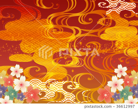 Japanese pattern background of red, wave and cherry blossom 36612997