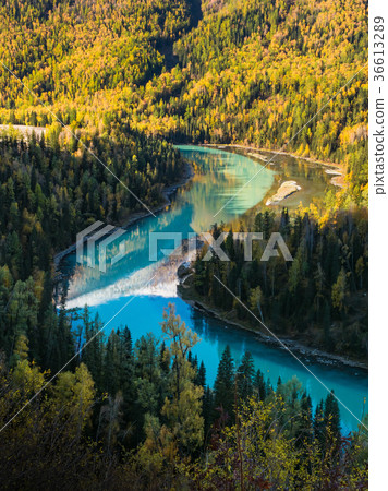 Moon Bay of Kanas lake in autumn with sunny Moon Bay of Kanas lake in autumn with sunny 36613289