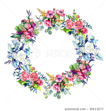 Wildflower bouquet wreath in a watercolor style. Wildflower bouquet wreath in a watercolor style. 36613677