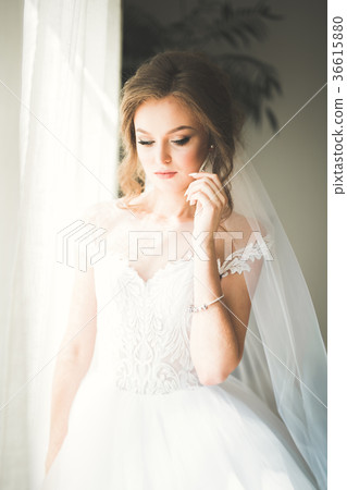 Portrait of beautiful bride with fashion veil at Portrait of beautiful bride with fashion veil at 36615880