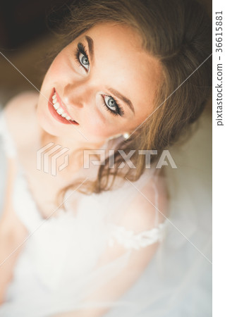 Portrait of beautiful bride with fashion veil at Portrait of beautiful bride with fashion veil at 36615881