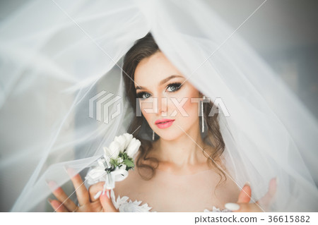 Luxury bride in white dress posing while preparing Luxury bride in white dress posing while preparing 36615882
