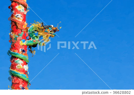 Chinese Dragon on Red Pillar on Blue Background Chinese Dragon on Red Pillar on Blue Background 36628802