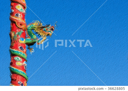Chinese Dragon on Red Pillar on Blue Background Chinese Dragon on Red Pillar on Blue Background 36628805