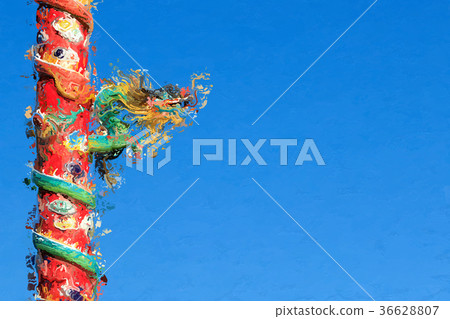 Chinese Dragon on Red Pillar on Blue Background Chinese Dragon on Red Pillar on Blue Background 36628807