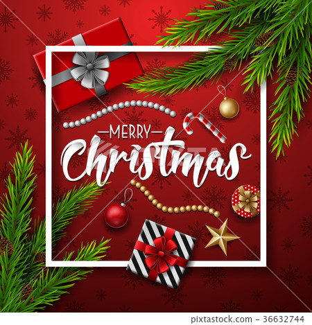Christmas red background with fir branches 36632744