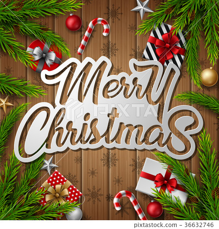 Christmas wooden background with fir branches - Stock Illustration ...