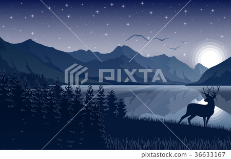 Night Mountains landscape with deer near a lake 36633167