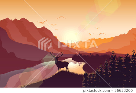 landscape with deer at sunset