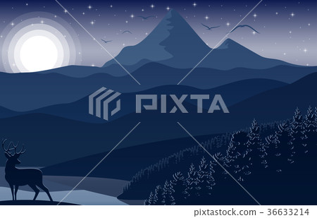 Mountain landscape with deer and forest at night - Stock Illustration ...